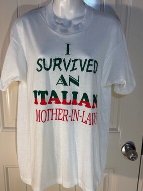4/$10 item🤑 LG Tee w “I survived an Italian mother-in-law” See pics small stains